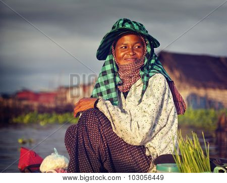 Local Cambodian Seller Floating Market Siem Reap Concept