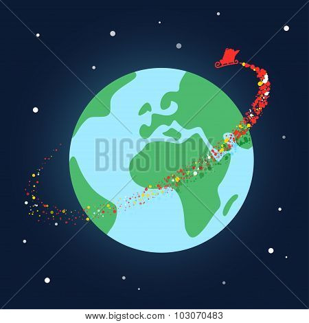Design Illustration Santa Claus Flying Over a Globe.