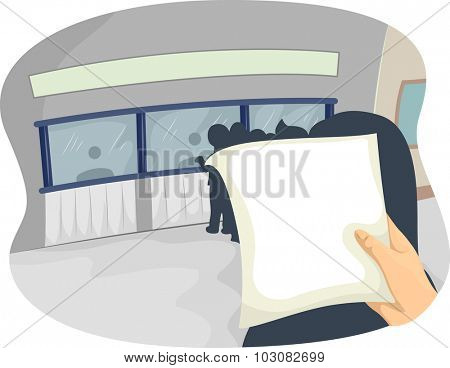 Illustration of a Hand Examining a Document While Queuing Up