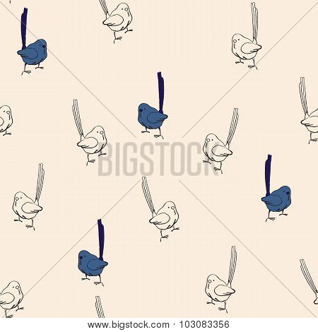 seamless pattern with small blue birds draw a bird on a beige background