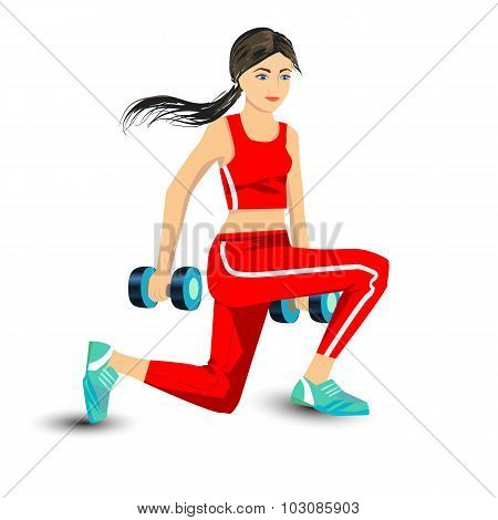 young woman with dumbbells in a red tracksuit sneakers gym crouched on his knees exercise physical educationIsolated image on white background vector design