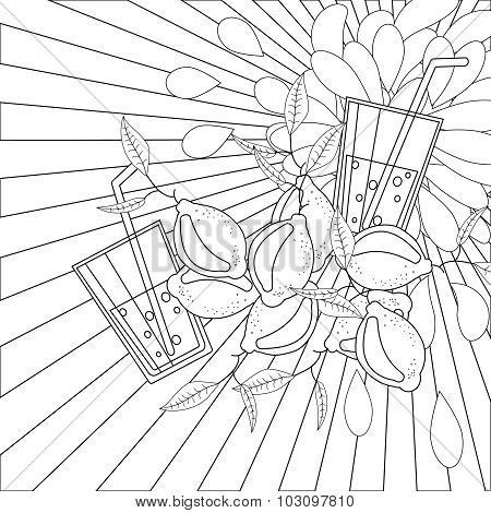 Coloring book page lemons and juice
