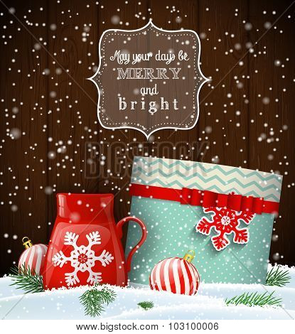 Cristmas greeting card with giftbox and red teacup, winter theme, illustration