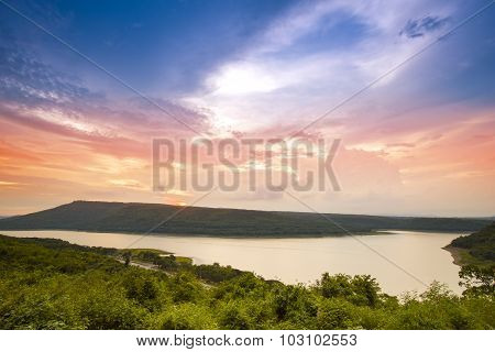 Lam Takong Reservoir Dam At Sunset