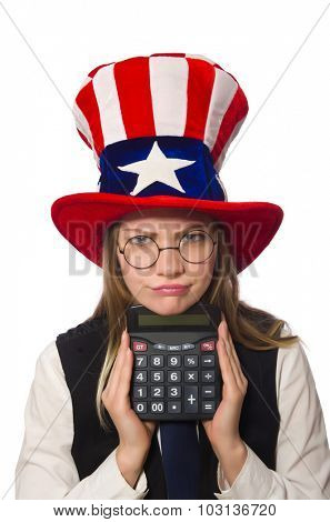 Woman with calculator isolated on white