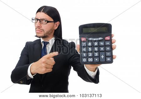 Man with calculator isolated on white