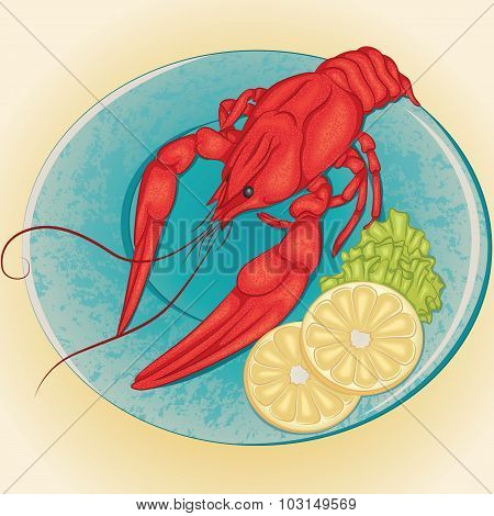 Crayfish on a plate with lemon and green salad