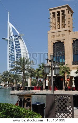 View for Burj Al Arab hotel from the Madinat Jumeirah in Dubai, UAE