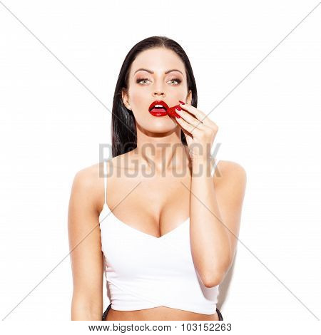 Sexy Brunette Woman Eating Strawberry
