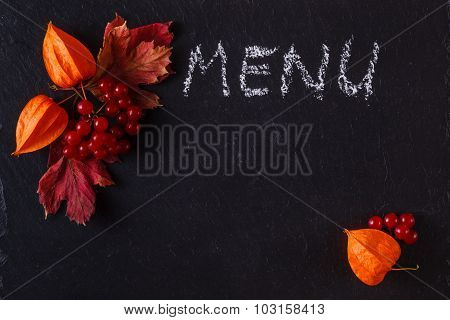 Red Viburnum On Black Slate Background With Message Menu