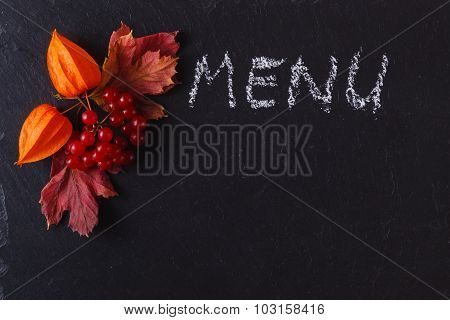 Red Viburnum On Black Slate Background With Message Menu