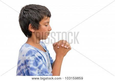 Small Religious Gypsy Child Boy Praying With Folded Hands Side View Isolade On White Background