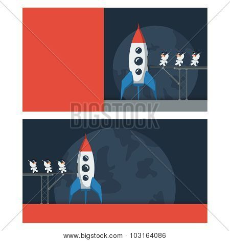 Banners with a space theme. Little funny astronauts on metal bridge loaded into the spaceship.