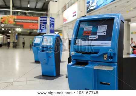 NICE, FRANCE - AUGUST 15, 2015: Nice International Airport interior. It is located 5.9 km southwest of Nice, in the Alpes-Maritimes department of France. It is the third busiest airport in France.