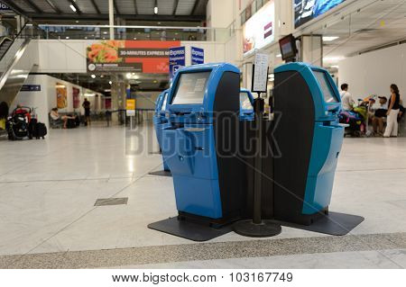 NICE, FRANCE - AUGUST 15, 2015: Nice International Airport interior. It is located 5.9 km southwest of Nice, in the Alpes-Maritimes department of France. It is the third busiest airport in France.