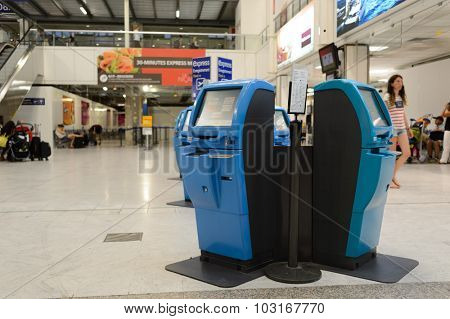 NICE, FRANCE - AUGUST 15, 2015: Nice International Airport interior. It is located 5.9 km southwest of Nice, in the Alpes-Maritimes department of France. It is the third busiest airport in France.