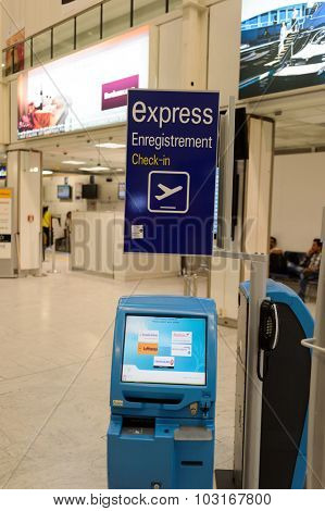 NICE, FRANCE - AUGUST 15, 2015: Nice International Airport interior. It is located 5.9 km southwest of Nice, in the Alpes-Maritimes department of France. It is the third busiest airport in France.