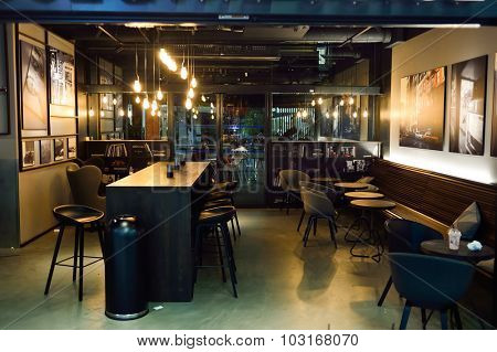 NICE, FRANCE - AUGUST 15, 2015: Airport cafe interior. Nice International Airport It is located 5.9 km southwest of Nice. It is the third busiest airport in France.