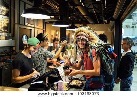 NICE, FRANCE - AUGUST 15, 2015: Airport cafe interior. Nice International Airport It is located 5.9 km southwest of Nice. It is the third busiest airport in France.
