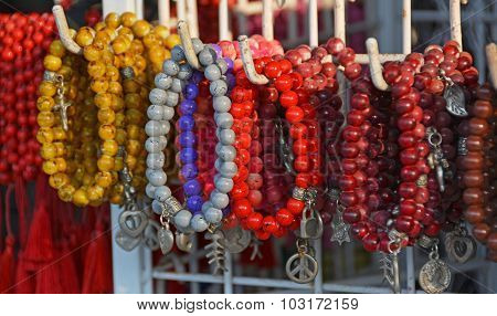 Coral Beads And Bracelets For Sale In Legian Shop, Bali.