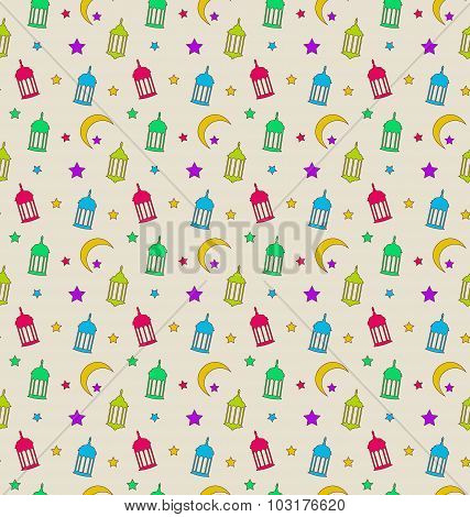 Oriental Seamless Pattern with Arabic Lamps, Crescents, Stars
