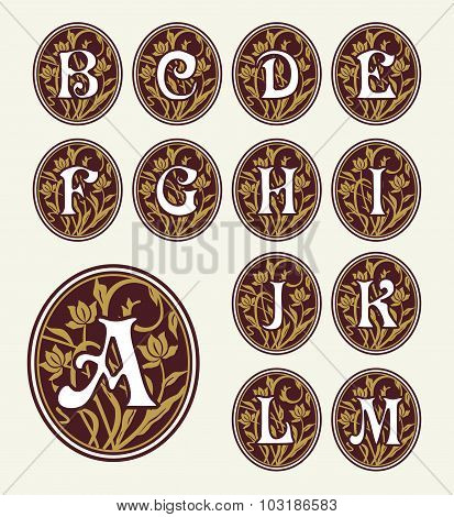Vintage set capital letter floral Monograms and font. Art Deco, Nouveau, Modern style.