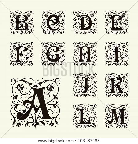 Vintage set capital letters, floral Monograms and beautiful filigree font. Art Deco, Nouveau, Modern