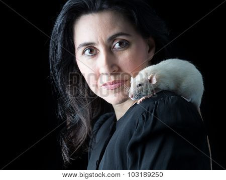 Woman In Black With White Rat