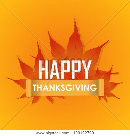 Happy Thanksgiving Day celebrations greeting card design with hanging maple leaves on grey backgroun