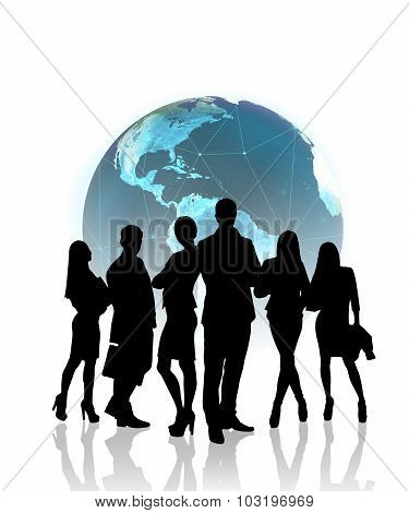 People silhouettes in front of the globe