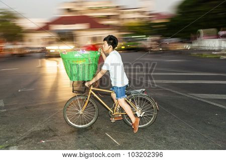 Man Drives Home With Bicycle From Pak Khlong Thalat In Bangkok