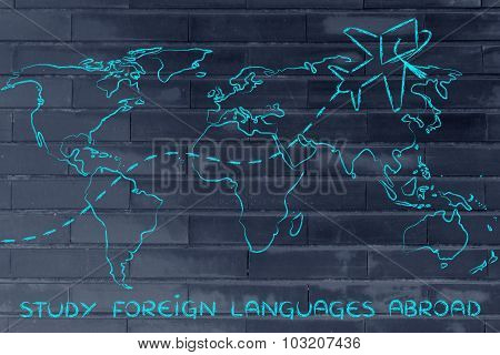 Study Foreign Languages Abroad, Airplane Wearing Graduation Hat Flying Across The World