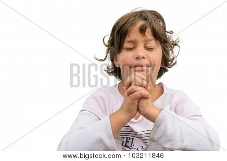 Little Child Devotional, Gypsy Girl Praying In Church Isolated On White Background