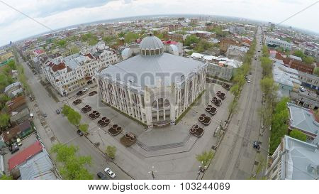 SAMARA - MAY 10, 2015: Townscape with entrance of State Philharmonic of Samara at spring day. Aerial view video frame. Edifice was built in 1975-1988.