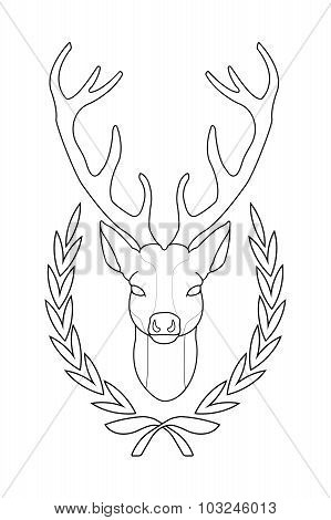 Deer head in laurel wreath. Contour