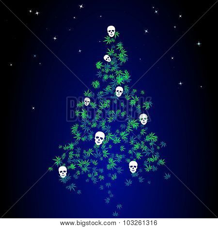 Dark Christmas Tree With Marijuana Leaves And Human Skulls