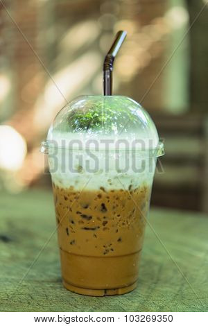Coffe Cold On Wooden Table Brown  Background