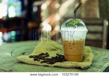 Coffe Cold On Wooden Table Brown  Background