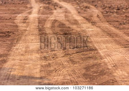 Track Wheel On The Ground. Wheel Truck That Left Traces On The Ground.
