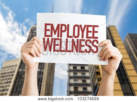 Employee Benefits placard with cityscape background