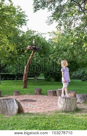 Little Girl On Stump In The Park