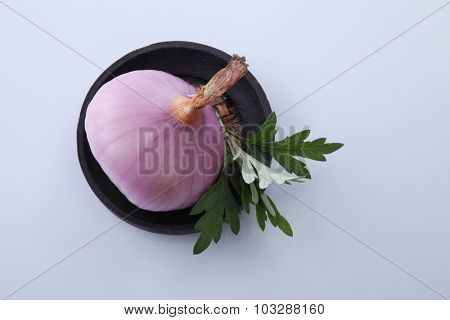 onion with mugwort herb on the white background