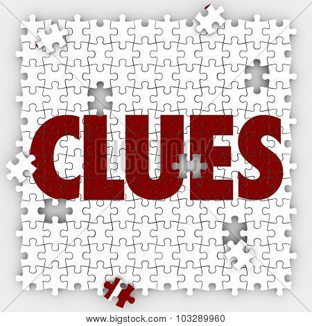Clues word on puzzle pieces to illustrate finding or searching for answers or a solution to a mystery