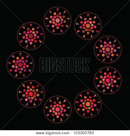 background with circles and triangles of red and purple flowers arranged in a circle