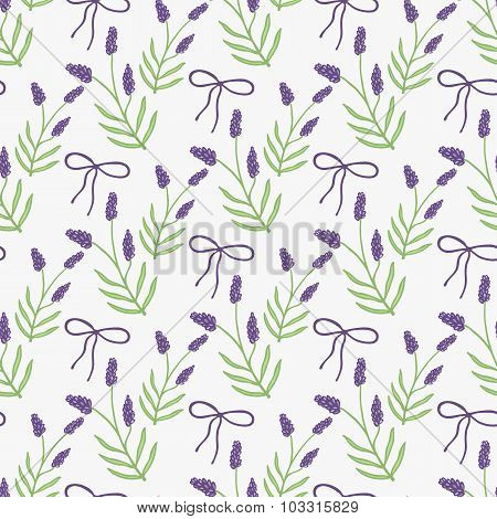 Lavender. Seamless pattern with flowers and bows on the white background. Hand-drawn original backgr