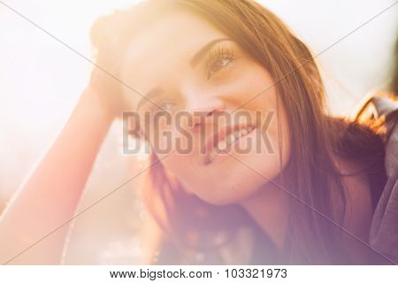Sunshine Outdoor Portrait Of Smiling Pretty Girl