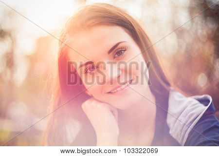 Sunshine Outdoor Portrait Of Smiling Pretty Girl