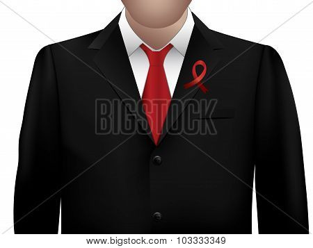 Red ribbon on man's suit
