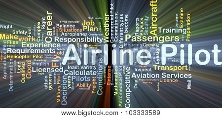 Background concept wordcloud illustration of airline pilot glowing light