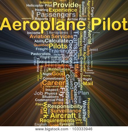 Background concept wordcloud illustration of aeroplane pilot glowing light